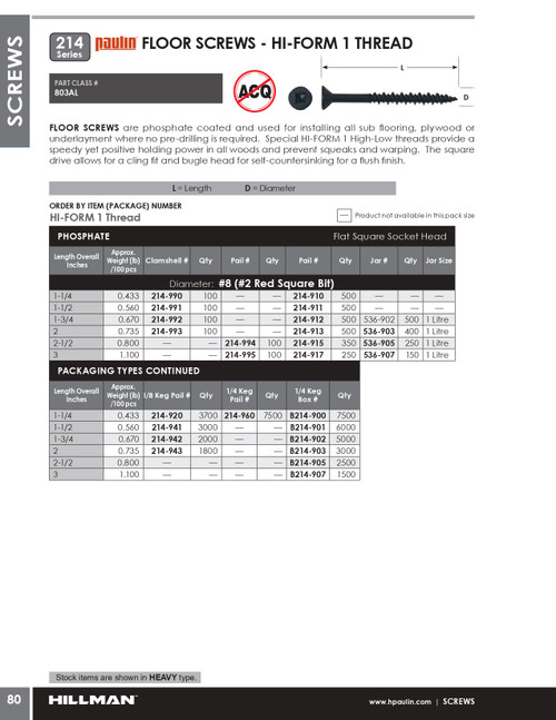 #8 x 1-3/4" Countersunk Steel Flooring Wood Screw 500 Pc.   214-912