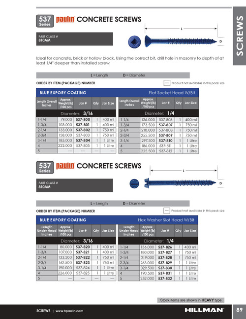 1/4" x 1-3/4" Countersunk Steel Concrete Screw 100 Pc.   537-807