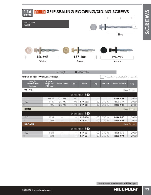 #10 x 1" Hex Head Steel Self Sealing Roofing/Siding Screw 100 Pc.   126-945