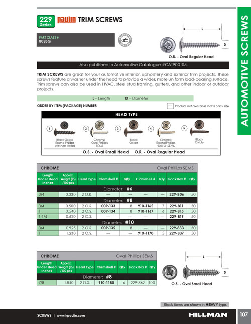 #10 x 1" Oval Head Steel Trim Screw 50 Pc.   229-837