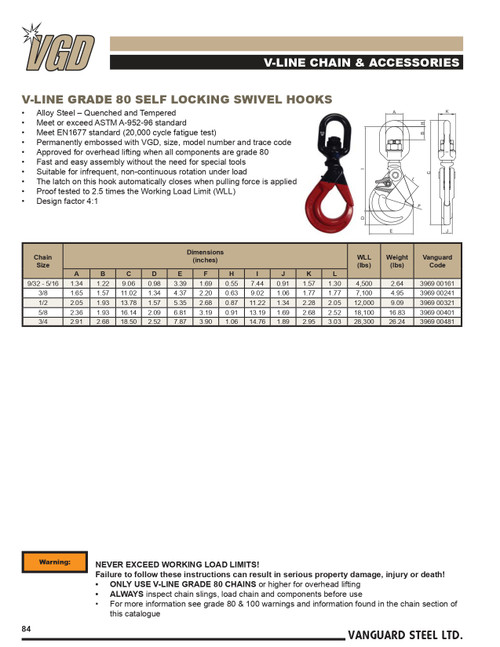 9/32 - 5/16" Grade 80 V-Line Alloy Steel Self Locking Swivel Hook   3969 00161