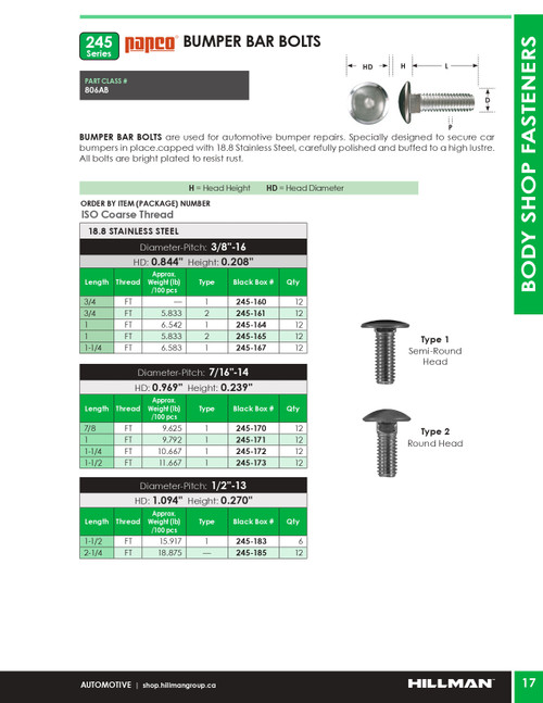 1/2-13 x 2-1/4" Stainless Bumper Bar Bolt 12 Pc.   245-185