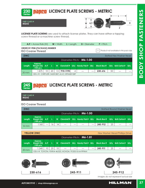 M6-1.81 x 20mm Zinc Plated License Plate Screw 25 Pc.   245-911