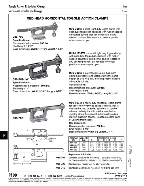 Red Head Horizontal Toggle Clamp 11.25" O/A Lgth. 750 Lbs. Capacity Malleable Iron Base Finish Zinc Plate (Nfg Option)   086-703