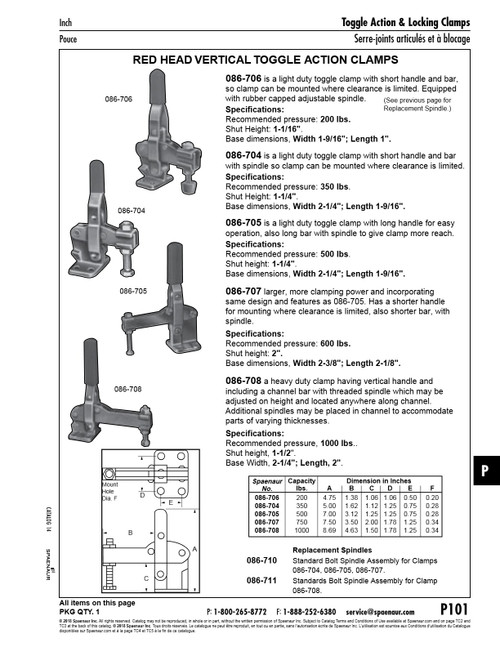 Red Head Vertical Toggle Clamp 7.50" O/A Lgth 750 Lbs. Capacity Cast Malleable Iron Base Finish Zinc Plate (Mfg Option)   086-707