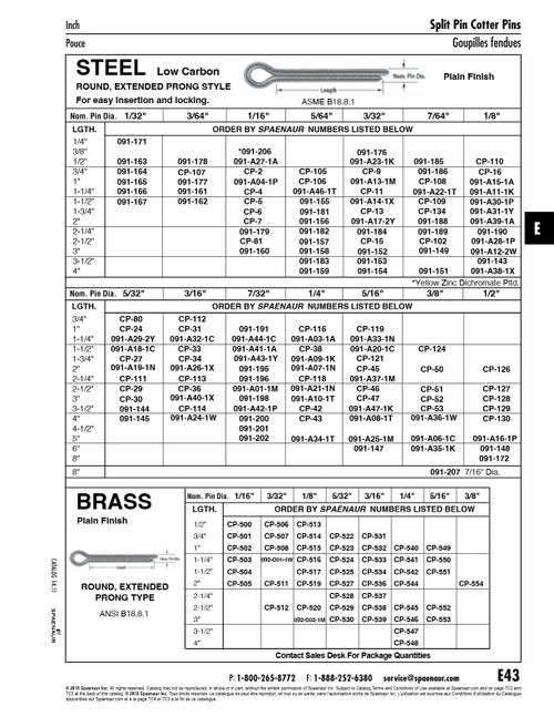 Round Cotter Pin Extended Prong 5/64" X 1-1/2" Steel Plain   091-155