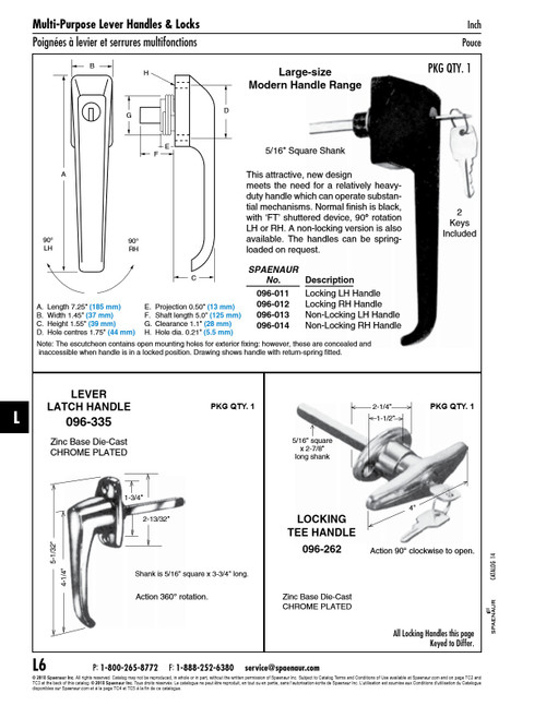 Locking Handle 90 Degree Right Hand Rotation "Ft" Series Key 7.25" Handle Lgth X 1.75" C. To C. Die Cast Black Finish   096-012