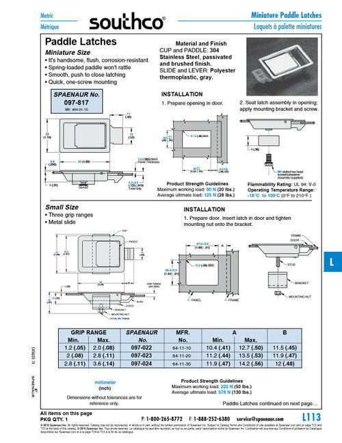 Paddle Latch 10 Series (Small Size) .05"-.08" Grip Range 304 Stainless Steel Passivated   097-022