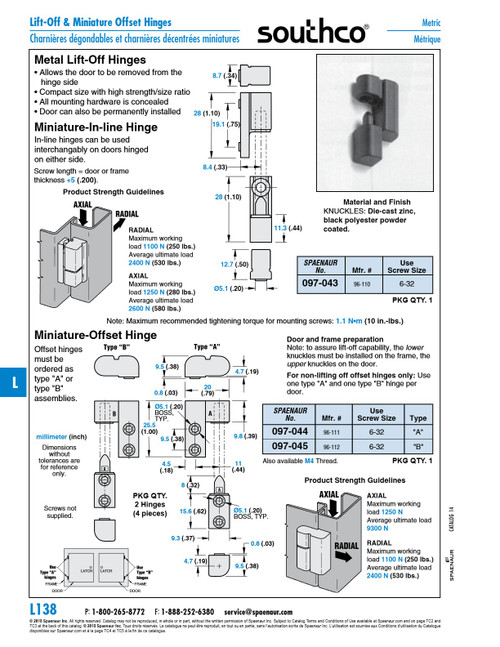 Mini Lift-Off Hinge In-Line Style .33" X 1.10" Die-Cast Zinc Black Polyester Powder Coat   097-043