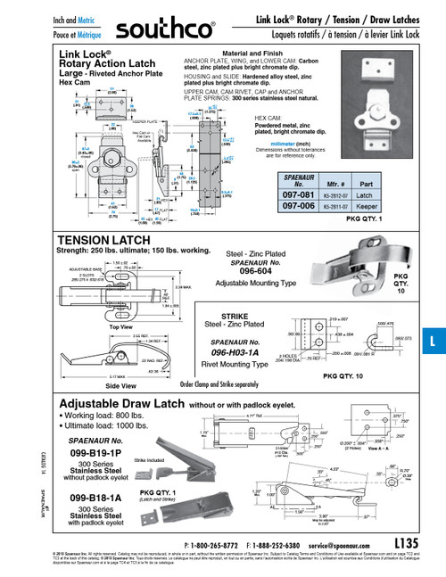 Link Lock Rotary Action Latch Riveted (Hex Cam Type) 1.62" Wide X 3.79" (Open) Steel Zinc Plated   097-081