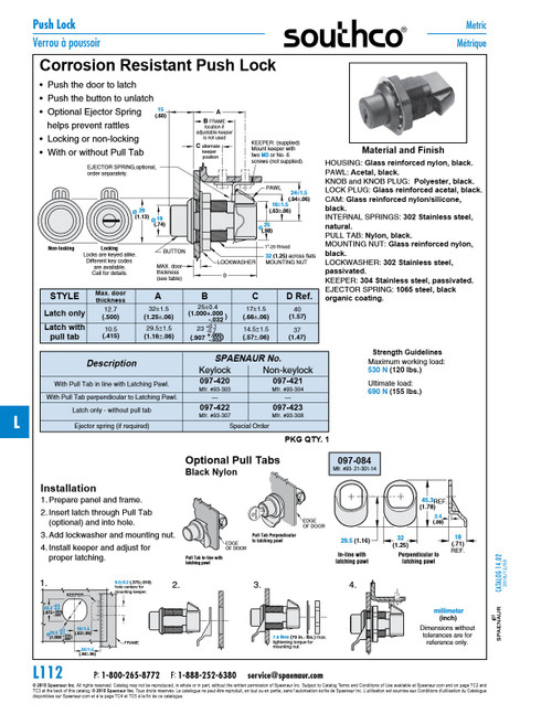 Push Lock Latch Non-Key Locking With Pull Tab Inline 1.13" Flange Od Nylon/Acetal Black   097-421