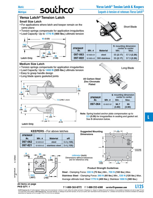 "Versa Latch" Tension Latch 200 Series Short Blade Type .57" High X 1.5" Lgth Stainless Steel   097-822