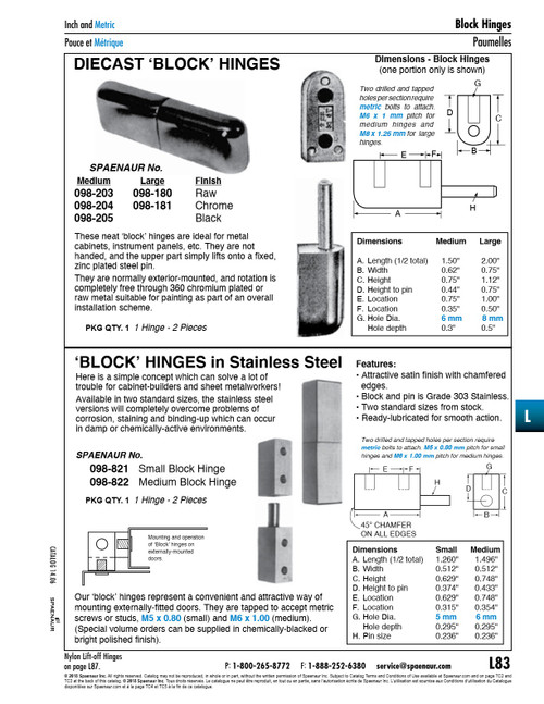 Block' Hinge For Offset Doors Medium Size (76Mm Total Length) Holes Tapped M6 X 7.5Mm (2 Halves Bottom Half W/Fixed Pin) Zinc Diecast Chrome Finish   098-204