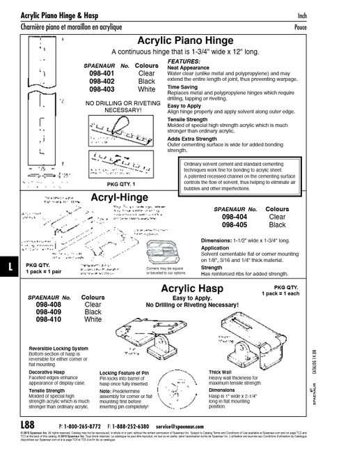 Piano (Continuous) Hinge 1 3/4"W X 12" Long (.125" Thk) High Strength Acrylic Black   098-402