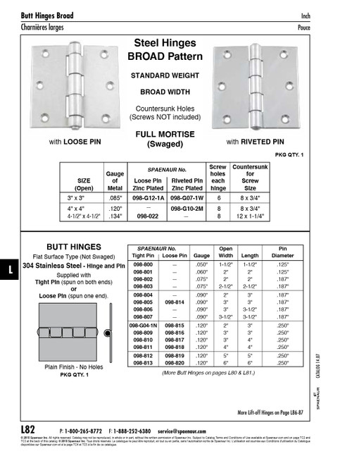 Butt Hinge Nonremovable Pin 6" X 6" Open X .120" Ga 304 Stainless Steel   098-813