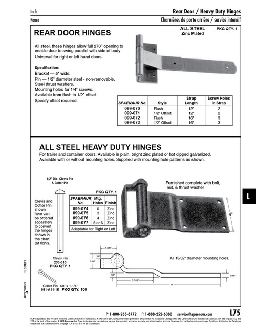 Hinge With Bolt & Lock Nut & Thrust Washer 5 Or 6 Mtg Holes 9" From Center Of Pin To End Of Strap Steel Zinc Plated.   099-077