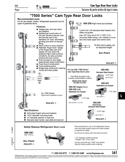 Cam Type Door Lock Set (Right) 3 Point Offset Rod Guides Steel Zinc Plated   099-296