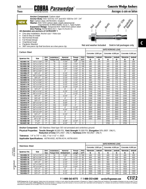 Cobra Parawedge Wedge Anchor 3/4" X 8-1/2" 3" Thread Length Grade A Carbon Steel Zinc Plated   102-W24-1T