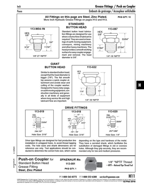 Hydraulic Grease Fitting Straight Drive For 3/16" Hole Dia X 33/64" O/A Lgth X 5/16" Dia X 1/4" Drive Lgth Steel Zinc Plated   113-019