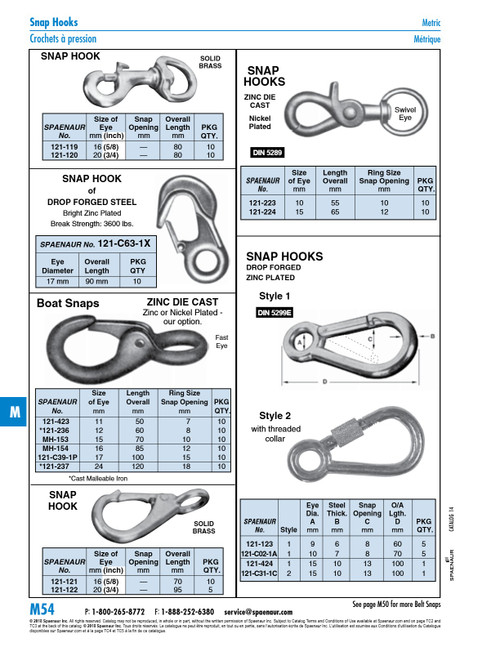 Snap Hook (Solid Eye) 3/4" X 95Mm Lg Brass Plain   121-122