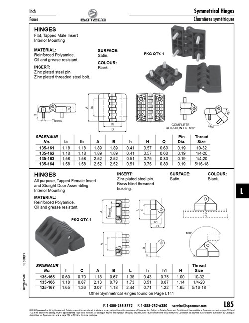 Plastic Hinge Interior Mounting Threads Tapped Male Insert 1.89" X 1.89" X .41" 1/4"-20 Thread Size Thermoplastic Material Black Zinc Plated Steel Pin   135-162