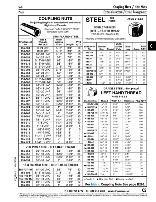 Coupling Nut 1-1/8"-7 Unc (1-5/8" A/F X 3" L) Steel Zinc Plated   155-311