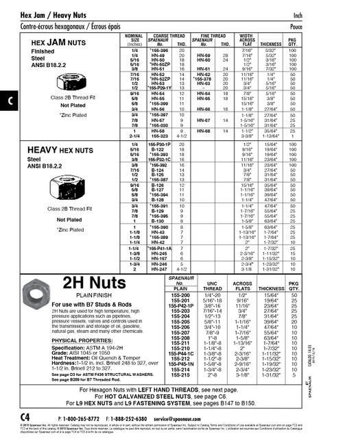 2H Heavy Hex Structural Nut 1-5/8"-8 Un (2-9/16" Af X 1-19/32" Thk) Astm A-194 Steel Plain Finish   155-P45-1N