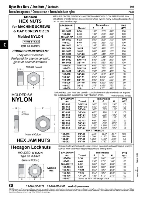 Hexagon Jam Nut 3/8"-16 Unc (.500" A/F X .125" Th) Nylon 6/6 Natural   163-049