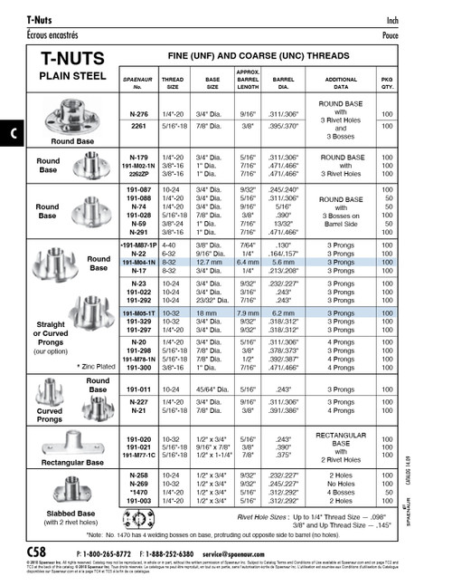 T-Nut With Barrel 4 Prongs 3/8"-16 Unc X 7/16" Barrel Ht. 1" Flange Dia. 11/32" Prong Ht. Steel Plain   191-300