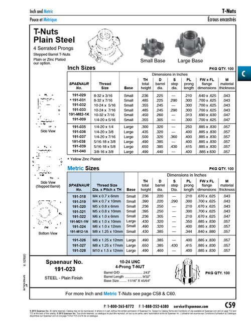 T-Nut With 4 Serrated Prongs Small Base M6 (1.0) X .490" O/A Ht Steel Plain   191-324