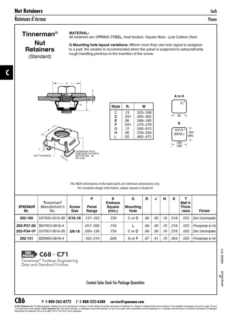Nut Retainer 3/8"-16 Unc .057"-.092" Panel Range Spring Steel Heat Treated Phosphate & Oil   202-P27-1K