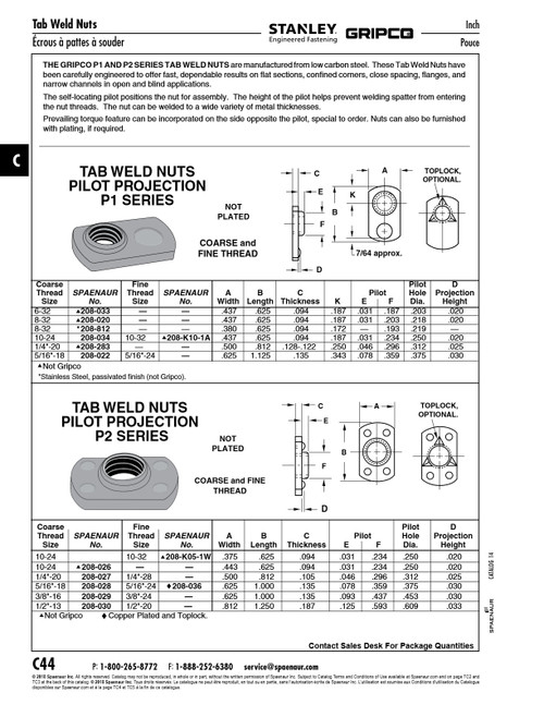 Tab Weld Nut P1 Series #6-32 Unc Low Carbon Steel   208-033