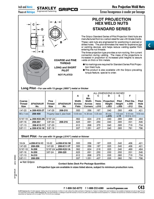 Hex Weld Nut 3 Projections Long Pilot 3/8"-16 Unc Low Carbon Steel Plain   208-207
