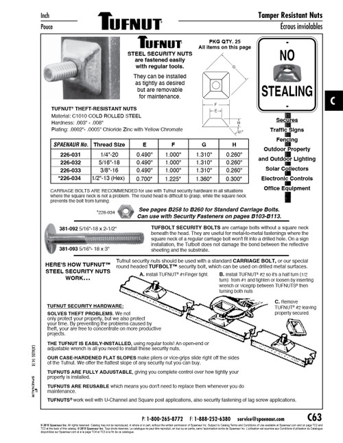 Security Nut Tufnut 5/16"-18 Unc Hardened Steel Zinc Dichromate   226-032