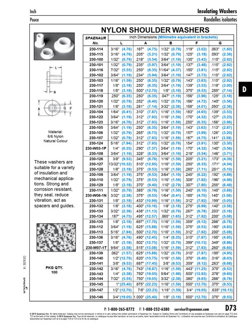 Shoulder Washer .196" Id X .381" Od X 1/32" Lgth Nylon 6/6 Natural   230-110