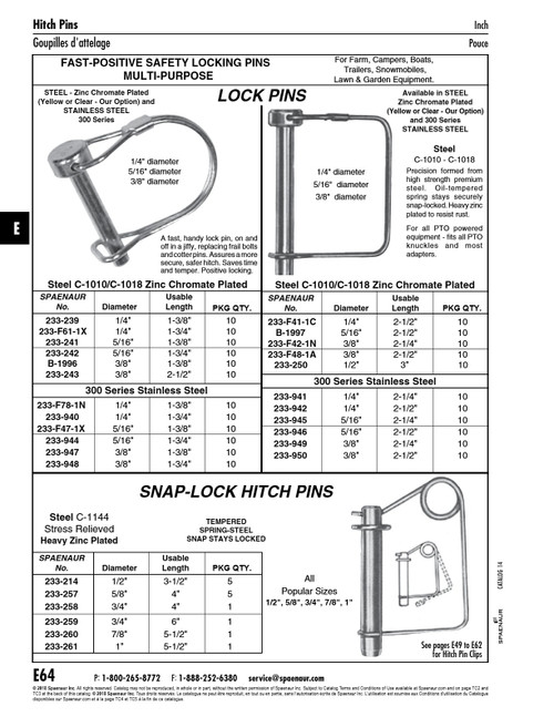 Lock Pin With Spring Steel Square Security Snap 3/8" Dia X 2-1/4" Usable Lgth Carbon Steel Trivalent Zinc Plated   233-F42-1N