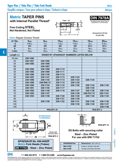Taper Pin With Internal M8 Thread 12Mm X 70Mm Oa Steel Plain (Ground) Din 7978A/St 12X70   238-1128