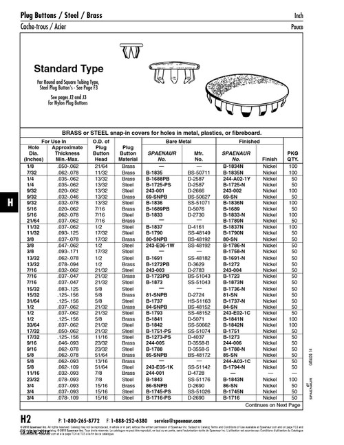 Pronged Plug Button For 1/4" Hole X .035/.062" Panel Brass Nickel Plated   244-A02-1Y