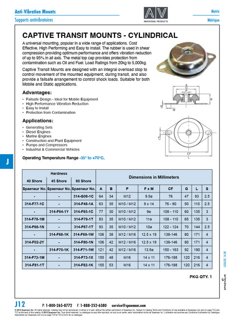 Anti-Vibration Mount Soft Type Max Load 750 Kgl 155Mm Dia X 48Mm Ht M16 Thread Natural Rubber / Steel / Green 40 Degree Irh   314-F72-1M