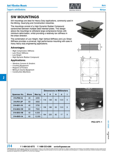 Anti-Vibration Mount Medium Type Max Load 7500 Kg 166Mm Square X 63Mm H Natural Rubber / Steel / Black 60 Degree Irh   314-G02-1W
