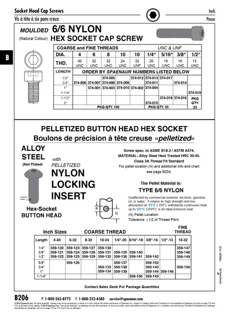 Hex Socket Cap Screw #10-32 Unf X 1/2" Long Nylon 6/6 Natural   374-012