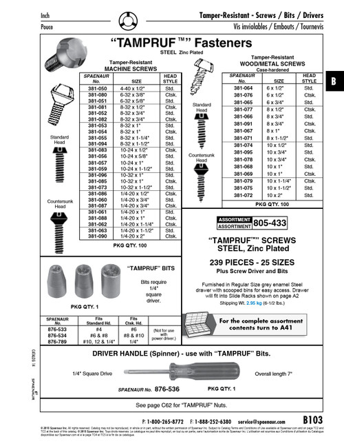 Tamper-Resistant Wood-Metal Screw Standard Head #8 X 1 1/2" Lg Low Carbon Steel Case Hardened Zinc Plated   381-071