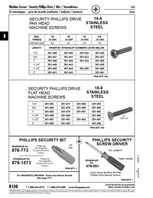 Flat Head Phillips Security Screw #10-32 Unf X 1/2" Long 18-8 Stainless Steel   381-477