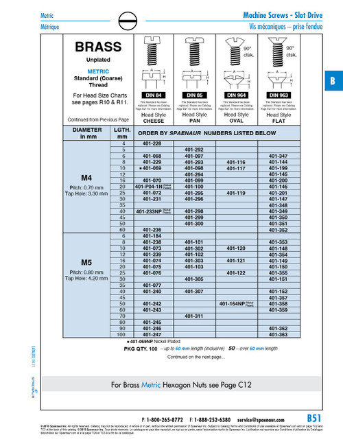 Machine Screw Pan Slot Hd Din 85 M5 X 0.80 X 40Mm Brass Din 85/Br M5X40   401-307