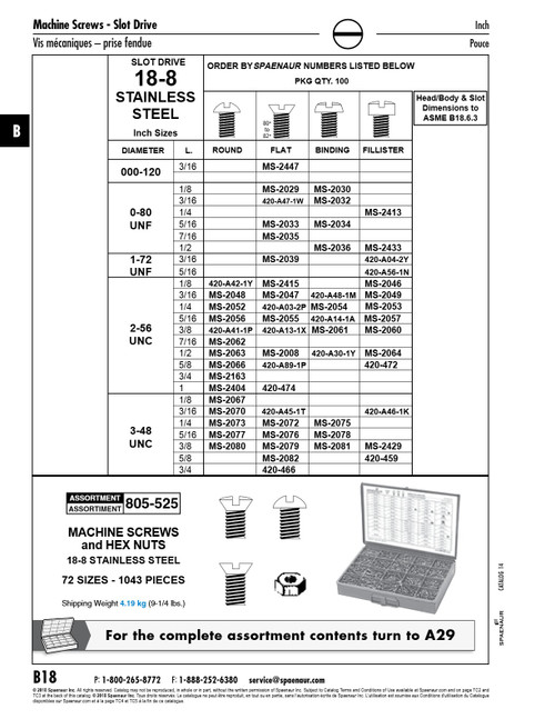 Machine Screw Round Slot Head #2-56 Unc X 1/8" 18-8 Stainless Steel Ansi B18.6.3-Latest   420-A42-1Y