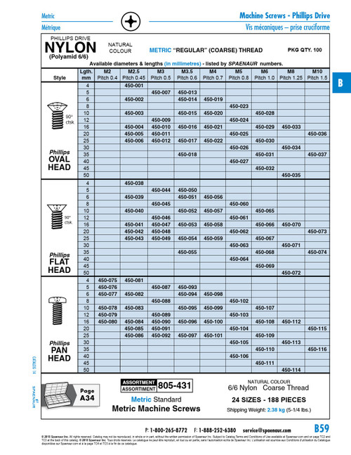 Machine Screw Phillips Oval 90 Degree Countersunk Hd M5 X 0.8 Pitch X 30Mm Lg Nylon 6/6 Natural   450-026