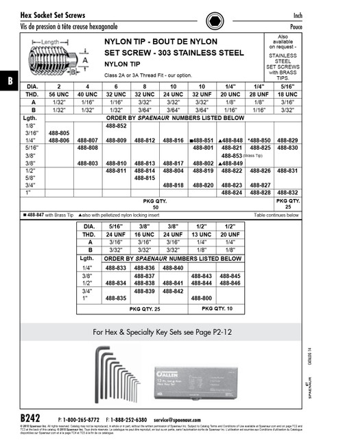 Hex Socket Set Screw W/ Nylon Tip 1/2"-13 Unc X 3/8" Lg 303 Ss   488-843