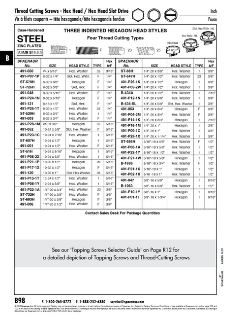 Thread-Cutting Screw Indented Hex Washer Head Type F #10-24 Unc X 1/2" Lg (Head 5/16"Af) Low Carb Steel Case Hard Zinc Plate Ansi B18.6.4-1966   491-001