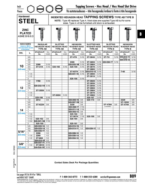 Tapping Screw Indented Hex Head 5/16" X 7/8" (Hex 1/2" Af) Type Ab Low Carb Steel Case Hard Trivalent Zinc Plated Ansi B18.6.4-1981   525-D25-1Y