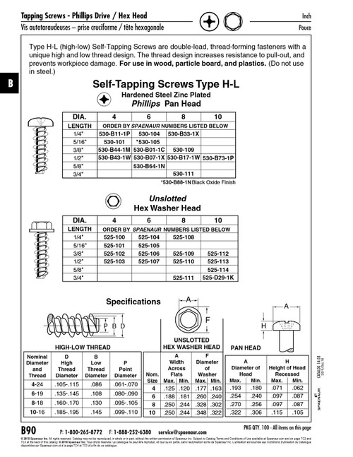 Hi-Lo Tapping Screw Phillips Pan Hd #4-24 X 3/8" Long Low Carb Steel Case Hardened Trivalent Zinc Plated   530-B44-1M